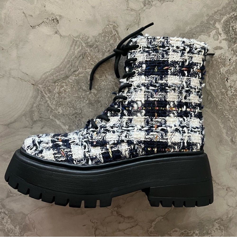 Stylish tweed lace up zipper combat boots